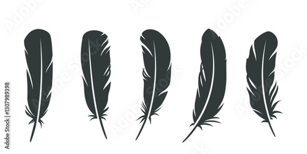 Fototapeta Bird feather icons set. Dark or black plumes silhouettes of fluffy angel, goose or swan wings. Design elements for tattoo or logo. Flat vector illustration collection isolated on white background