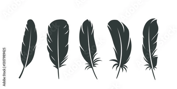 Fototapeta Bird feather icons set. Dark silhouettes of plumes of different shapes. Aerial feathers of birds or angel wings. Design for logo. Flat vector illustration collection isolated on white background