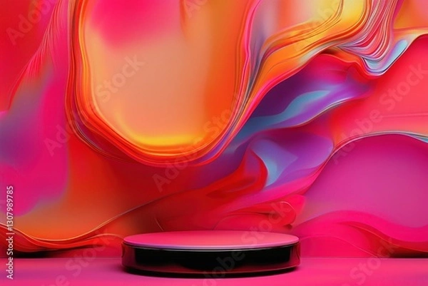Obraz A striking empty podium stand is set against a colorful abstract backdrop featuring wavy patterns in bright hues. Ideal for showcasing new products or promotions in a contemporary environment