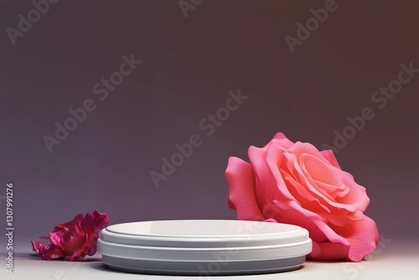 Fototapeta Empty podium stand is set for product display, accompanied by pink roses placed nearby. The background features a soft gradient, enhancing the overall aesthetic appeal