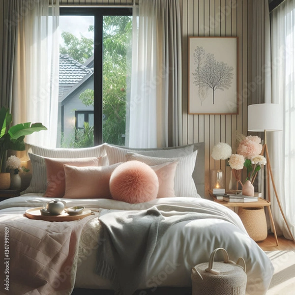 Fototapeta  a cozy and stylish bedroom with a warm, inviting ambiance. The bed is adorned with soft, neutral-toned bedding in shades of beige and blush pink, complemented by an assortment of plush pillows