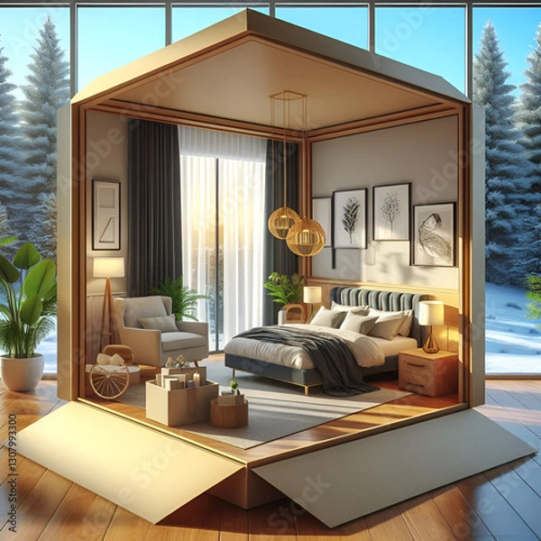 Fototapeta  a luxurious and modern bedroom with a breathtaking nighttime view The room features a large bed with elegant bedding, soft pillows, and a cozy blanket draped across it The walls are adorned 