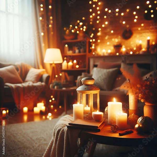 Fototapeta  A cozy and warmly lit living space with a strong hygge-inspired atmosphere A wooden coffee table in the foreground holds an assortment of glowing candles, a rustic lantern, and a book