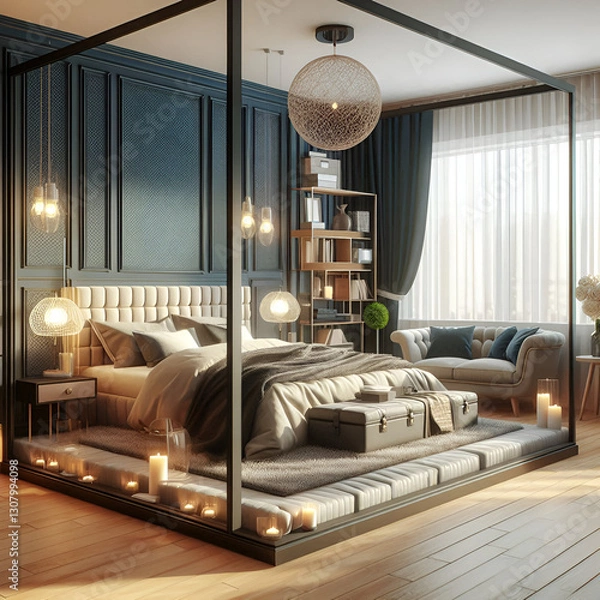 Fototapeta  a luxurious and modern bedroom with a breathtaking nighttime view The room features a large bed with elegant bedding, soft pillows, and a cozy blanket draped across it The walls are adorned 