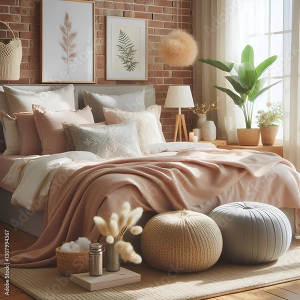 Fototapeta  a cozy and stylish bedroom with a warm, inviting ambiance. The bed is adorned with soft, neutral-toned bedding in shades of beige and blush pink, complemented by an assortment of plush pillows