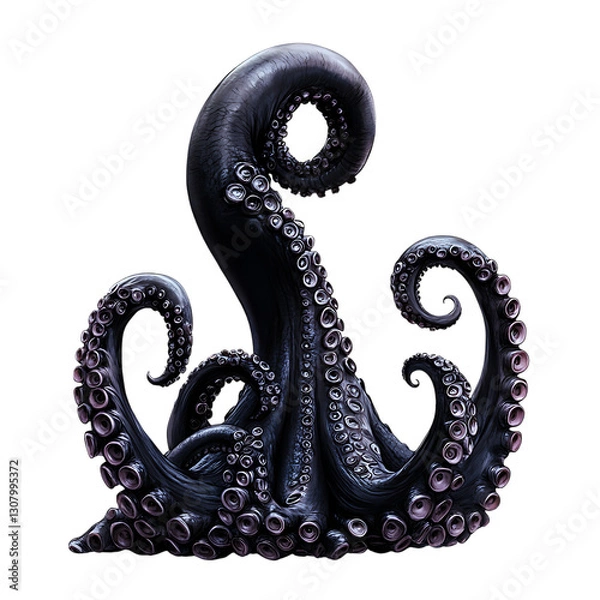 Obraz Mythical kraken tentacle emerging from the darkness, hyper-detailed suckers, isolated on a white background.