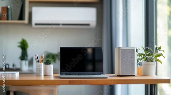 Obraz Desk air conditioner near a modern workspace, seamlessly integrating cool technology into a streamlined office environment.