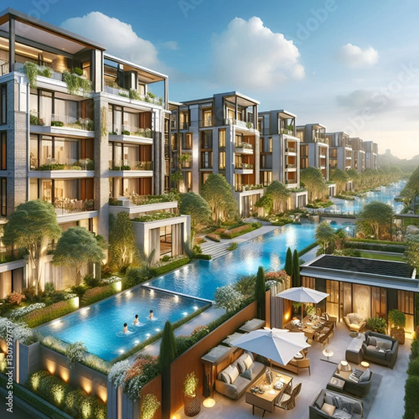 Fototapeta  a luxurious residential complex at dusk, featuring modern multi-story buildings with large glass windows and spacious balconies The architecture blends contemporary and classic elements, surrounded 