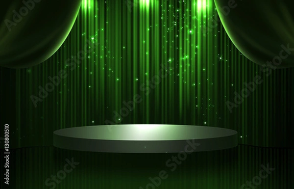Obraz Green and black curtain and round stage in the dark with spotlight, glittering and sparkling stars