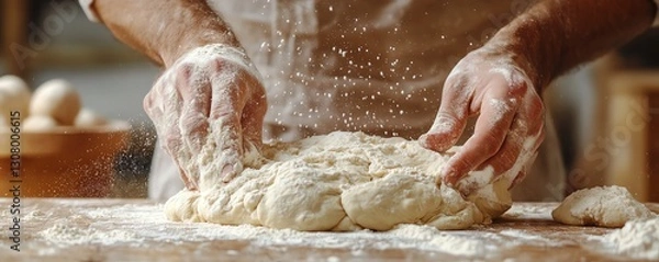 Fototapeta Action shot of male hands kneading dough on a wooden surface with flour flying, closeup view, rustic food preparation, doughmaking process, ultrarealistic lighting, Midjourney V5
