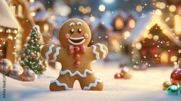 Fototapeta cute gingerbread man cartoon with icing decorations, smiling cheerfully in a festive Christmas setting