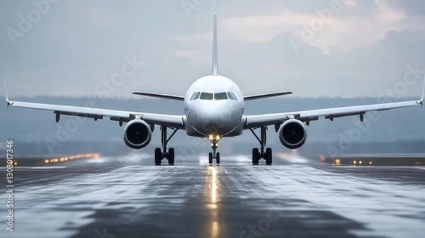 Fototapeta modern commercial airplane in the final stages of landing, with clear details on the aircraft's advanced features