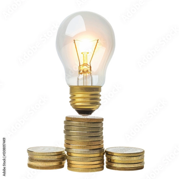 Fototapeta light bulb glowing above stack of coins symbolizes innovation and financial growth. This captures essence of investment and creativity in visually striking manner