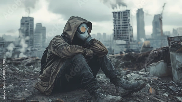 Fototapeta Post apocalyptic survivor resting in destroyed city wearing gas mask. Apocalyptic - Cityscape. Illustration