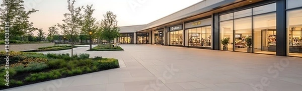 Fototapeta Modern commercial building with large windows, landscaped areas, and a clean paved path in the foreground.