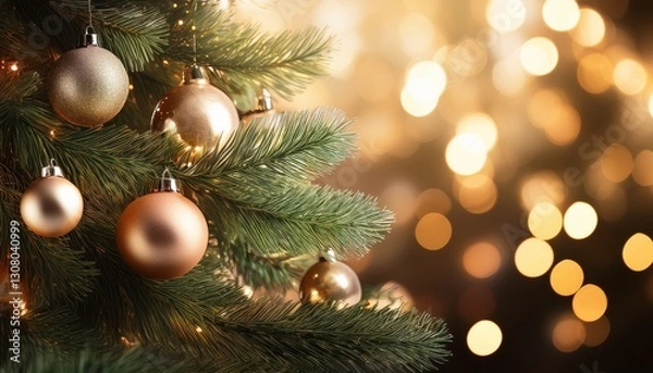 Fototapeta christmas tree with baubles and blurred shiny lights