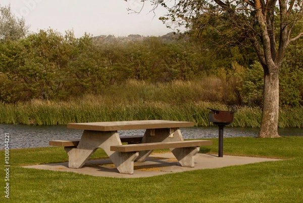 Obraz A cement picnic bench at the park with green grass, trees and a rustic barbeque grill.  Summer the lake.
