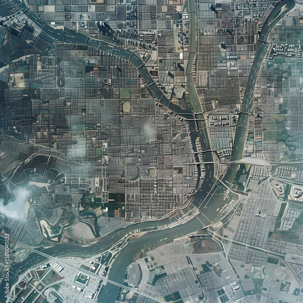 Fototapeta High-Resolution Satellite Image of Urban City with Detailed Streets, Skyscrapers, and Surrounding Natural Terrain