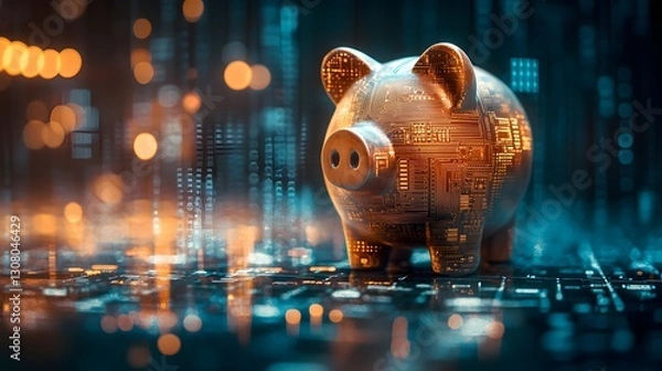Fototapeta A digital piggy bank symbolizes the future of finance and technology. It depicts the intersection of traditional savings with modern technology. Money background. Digital Piggy Bank: Future of Finance
