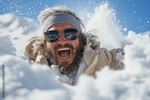Fototapeta Joyful Bearded Man in Sunglasses Relishing Snowy Adventure and Winter Sports on a Sunny Day