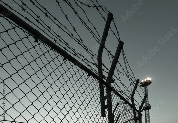 Obraz 夜空に対して有刺鉄線と照明