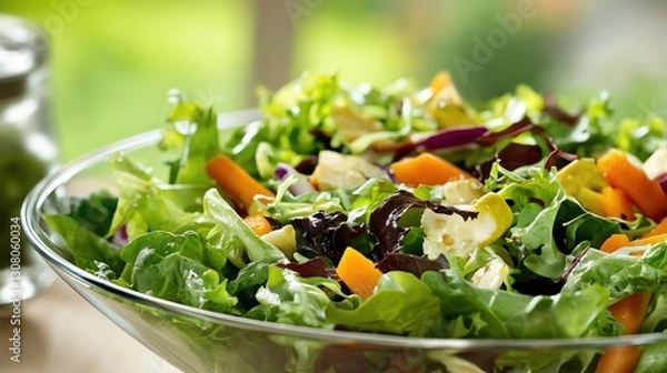 Fototapeta Fresh vegetable salad with feta cheese and vegetables in a bowl
