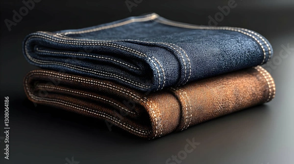 Fototapeta 3D Render of Folded Jeans: Dark Blue and Brown Denim Stack, Detailed Texture
