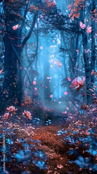 Fototapeta Magical forest path, glowing flowers, butterflies, fantasy background; ideal for games, websites