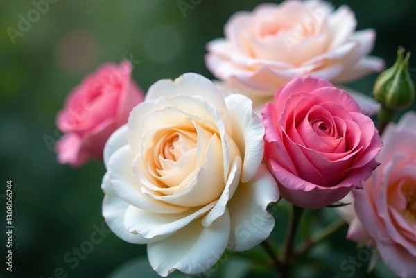 Fototapeta Close-up of beautiful white and pink roses in full bloom, spring, botanical