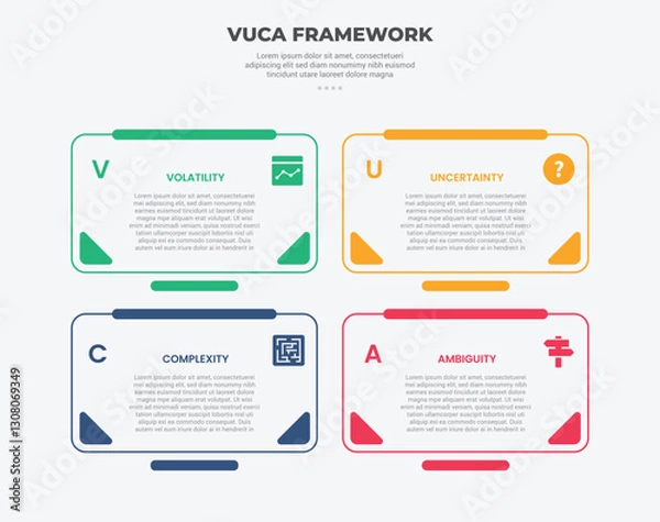 Obraz vuca world model infographic outline style with 4 point template with round rectangle box with full accessories badge for slide presentation