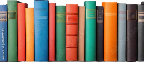 Fototapeta Row of colorful books arranged neatly, white isolate background. cut out.