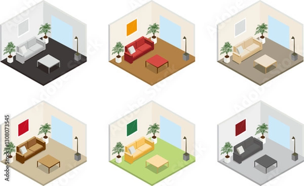 Obraz リビングのアイソメトリックなイラスト6色セット