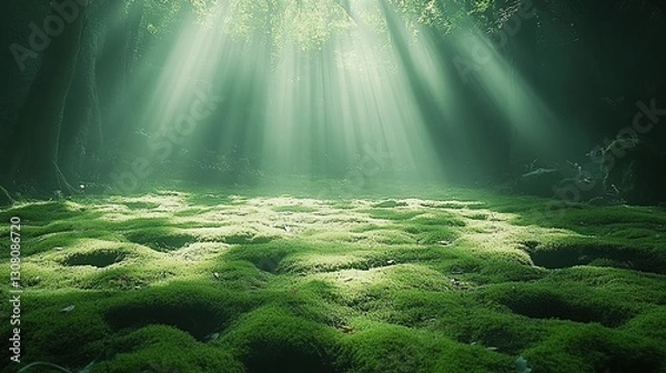 Fototapeta Sunbeams illuminate mossy forest floor, creating magical scene, ideal for fantasy game background