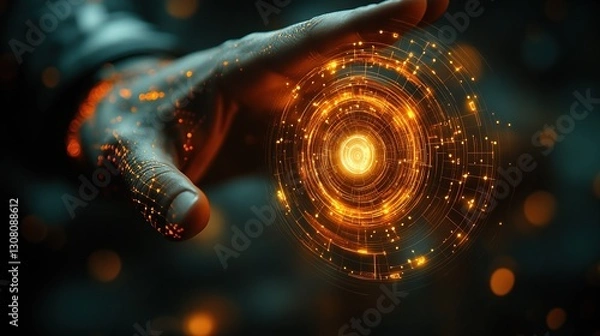 Fototapeta Hand activating futuristic interface, dark background, tech concept