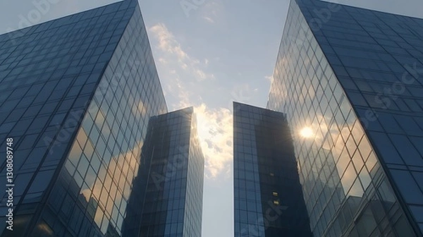 Fototapeta Two modern glass skyscrapers reflect sunlight against a cloudy sky, creating a striking urban scene.