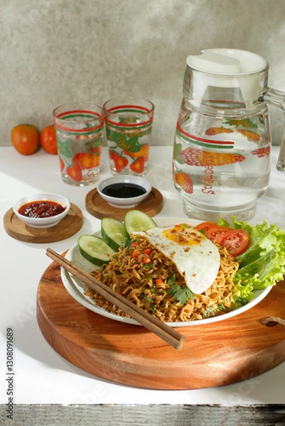 Obraz fried noodles with egg at the table