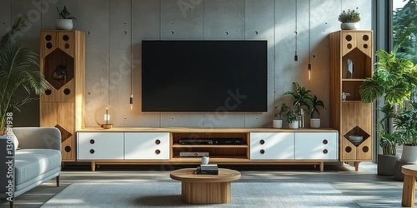 Fototapeta Modern TV Stand Mockup with White Doors and Light Wood Accents in Front of Concrete Wall, Featuring Gray Armchair and Geometric Bookcase.