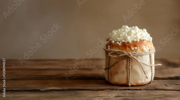 Obraz Easter cake with icing and twine on wooden background. Rustic festive food concept  
