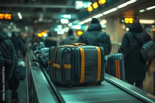 Obraz A Gray Suitcase With Yellow Stripes Moves On A Conveyor Belt In A Busy Airport Setting Ideal For Illustrating Travel And Transportation Concepts.It Is Well Suited For Use In A Presentation About