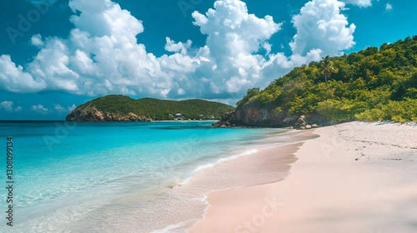 Fototapeta Secluded beach panorama with cloud formations and ample negative space