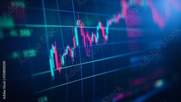 Fototapeta financial data on screen with candlesticks and lines, dark blue theme