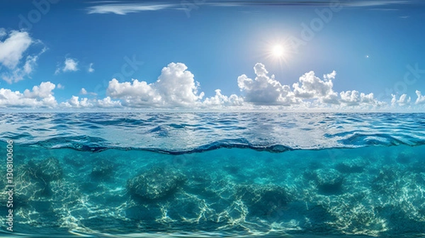 Obraz Open ocean horizon in 360-degree seamless panorama, offshore HDRI environment for VR simulations