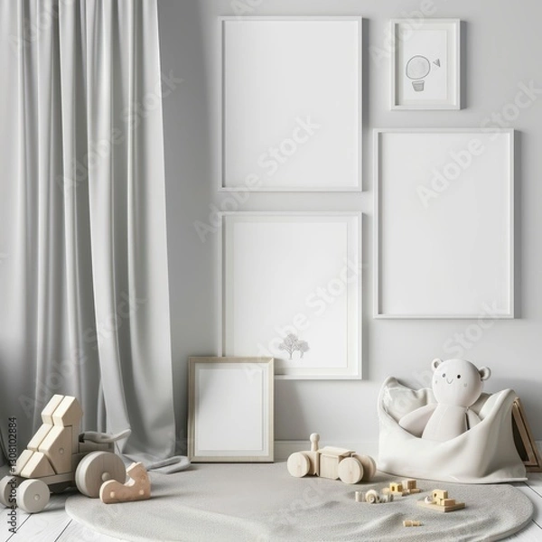 Fototapeta A minimalist nursery with white frames. wooden toys. and a plush teddy bear