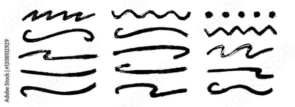 Fototapeta Straight, zigzag and wavy paint line set. Thick sketch brush stroke collection. Rough charcoal squiggle stripes for highlight, underline and emphasis. Vector hand drawn textured crayon chalk lines