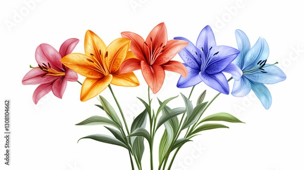 Obraz Lily bouquet spectrum: a bouquet of lilies held against a white background, arranged in roygbiv order. the stems create a harmonious gradient. Harmonious - Meadow. Illustration