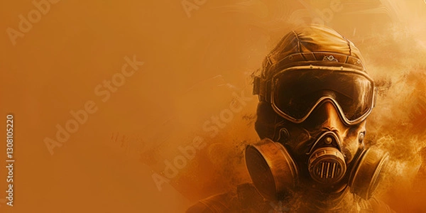 Obraz Post-apocalyptic soldier wearing a gas mask in a dusty environment | Survivalist in protective gear facing hazardous conditions