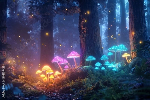 Fototapeta A magical forest glows with vibrant bioluminescent mushrooms in pink, orange, and blue. Tall trees and soft ferns create an enchanting atmosphere filled with glowing fireflies.