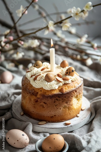 Obraz Easter cake with cream, almonds and quail eggs, decorated with candle. Easter holiday concept.