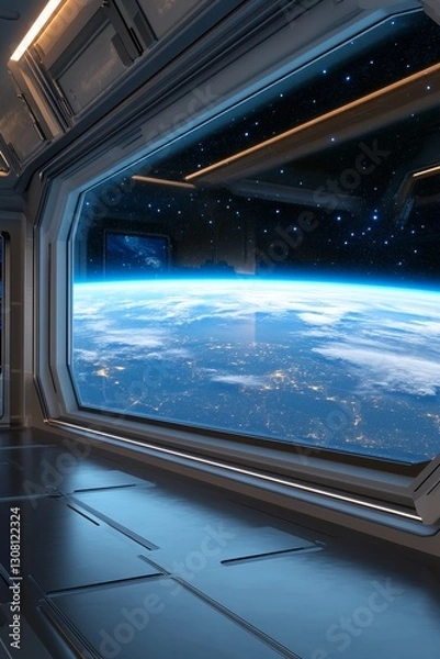 Obraz A futuristic space station interior with high-tech screens, and Earth visible through a large window. Sci-fi and space exploration