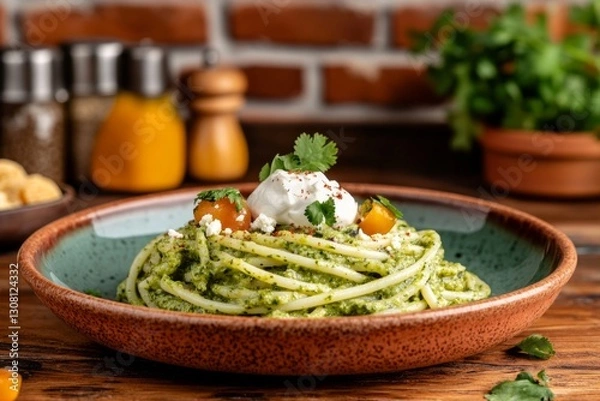 Fototapeta Vibrant Espagueti Verde with Creamy Poblano Sauce, Queso Fresco, and Crema in a Rustic Kitchen